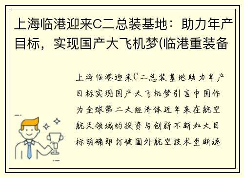 上海临港迎来C二总装基地：助力年产目标，实现国产大飞机梦(临港重装备产业区h23-01地块)