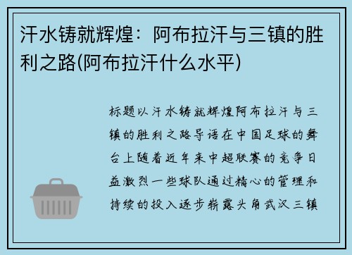 汗水铸就辉煌：阿布拉汗与三镇的胜利之路(阿布拉汗什么水平)