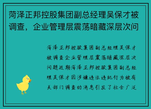 菏泽正邦控股集团副总经理吴保才被调查，企业管理层震荡暗藏深层次问题